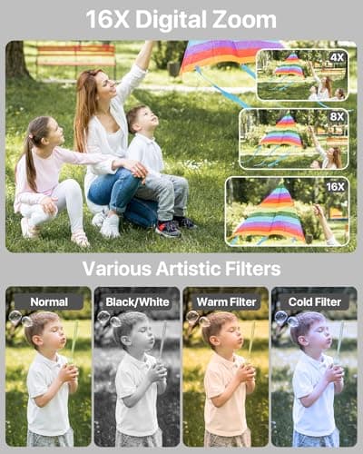 Digital Camera, Kids Camera with 32GB Card, FHD 1080P 44MP Vlogging Camera, 16X Zoom Point and Shoot Digital Camera Compact Portable Rechargeable Cameras for Teens Boys Girls Students Seniors-Black - Thumbnail 4