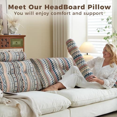 ZERALIVEN Boho Headboard Pillow for Full, Large Triangular Wedge Pillow for Headboard Gap, Daybed for Sitting Up in Bed, Couch or Sofa with Removable Washable Cover and Side Pockets, Twilight Bloom - Thumbnail 5