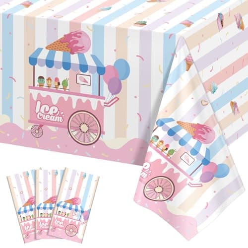 NatNarr 3 Pack Ice Cream Tablecloths Party Decorations, 54 x 108 Inch Disposable Ice Cream Birthday Themed Table Cloth Waterproof Rectangle Party Table Cover for Kids Sweet One Birthday Baby Shower - Image 1