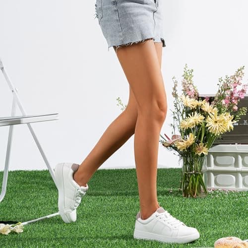 Vepose Women's White Casual Walking Sneakers, Fashion Tennis Low Top Slip On 8013 Shoes, Size 8M US(CJY8013 White Pink 08) - Thumbnail 3