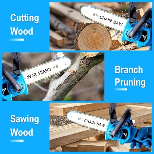 Mini Chainsaw Cordless 8 Inch with 2x 5200mAh Batteries, Portable Electric Chain Saw, Automatic Oiler, Battery Powered Small Handheld Saw,Trees Branches Trimming, Wood Cutting (Blue) - Thumbnail 6