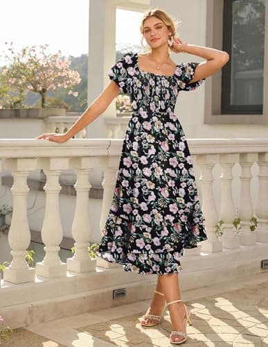 GRACE KARIN Womens Summer Floral Maxi Dress 2026 Flowy Wedding Guest Dress A Line Boho Dresses Fashion Clothing with Pockets Black Pink Floral 2XL - Thumbnail 2