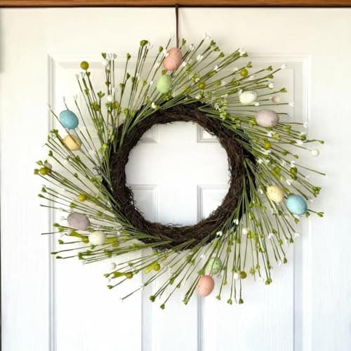 HipTree 16 Inch Farmhouse Easter Wreath for Front Door, Artificial Pastel Spring Wreath with Mini Easter Eggs, Handcrafted Wreaths for Entryway Mantel Window Indoor Outdoor Decorations - Image 1