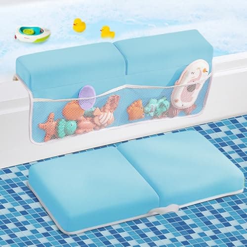 ILPEOD Baby Bath Kneeler and Elbow Rest Pad Set, Thick Soft Quick Dry Bathtub Mat with Toys Organizer, Blue