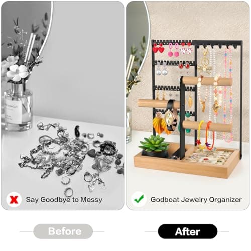 Godboat Jewelry Holder Organizer, 4-Tier Earring Holder with 48 Holes, 6 Hooks Necklace Holder, Removable Bracelet Holder, Gifts for Women, Mom, Mothers Day, Cool Preppy Stuff and Room Decor, Black - Thumbnail 5