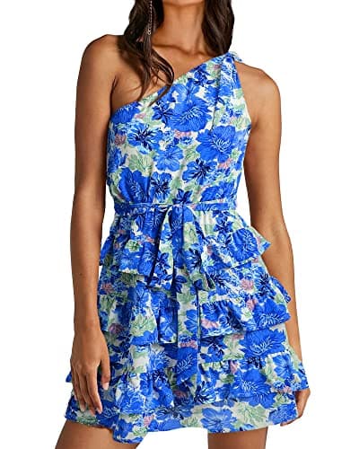 BTFBM Women One Shoulder Summer Dresses 2025 Floral Sundress High Waist Flowy A Line Mini Beach Fall Wedding Guest Dress(Floral Blue White, XX-Large) - Image 1