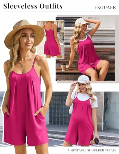 Ekouaer Rompers for Women Summer Sleeveless Shorts Casual Spaghetti Strap Jumpsuits with Pockets Beach Vacation Outfits Rose Pink M - Thumbnail 6