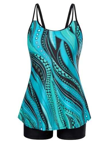 Hanna Nikole Plus Size Swimsuit for Women Push Up Swimming Suits U Neck Padded Swim Top with Shorts Blue Ripples 24W - Image 1
