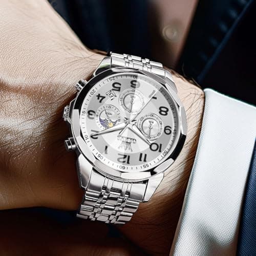OLEVS Watch Men Silver Watch for Men Luxury Stainless Steel Big Face Dress Analog Quartz Simple Easy Read Mens Watches Moon Phase Chronograph Waterproof Luminous Men's Wrist Watches - Thumbnail 3
