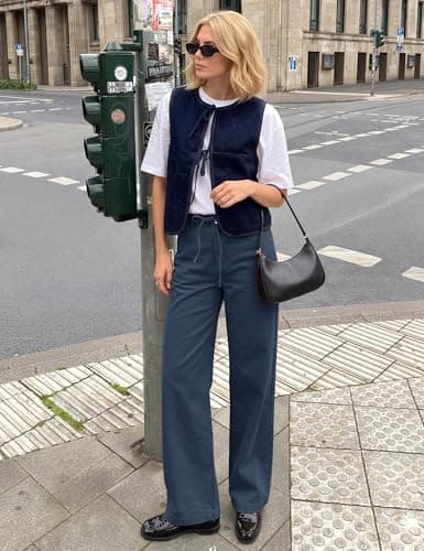 Rapbin Denim Blue Wide Leg Pants for Women Comfy Belt Loops Drawstring Soft Twill Trousers for Daily Street Casual Outfits - Thumbnail 3