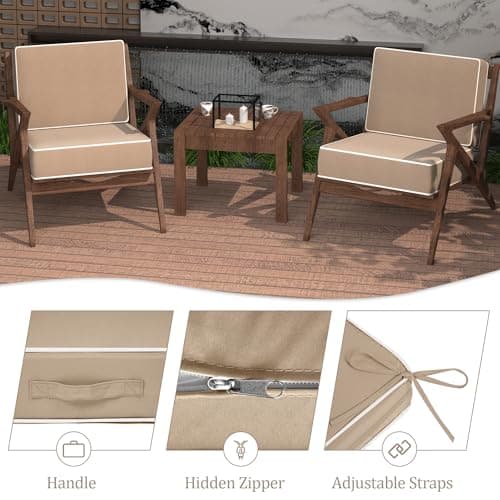 5" Thicker Outdoor Chair Cushions Set of 2 - 24x24 Inch Patio Chair Cushion for Outdoor Furniture w/Fade-Resistant Removable Cover Waterproof Deep Seat Patio Cushions w/Straps Handle for Couch, Khaki - Thumbnail 5