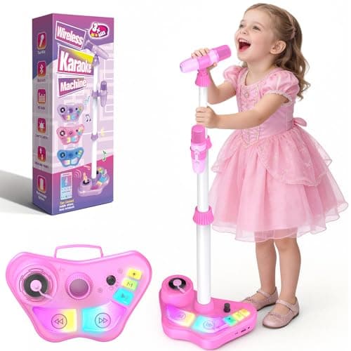 Kids Adjustable Stand Karaoke Machine Toy, 3-8 Year Old Girls Rechargeable Microphone Portable Bluetooth Speaker with 2 Mics, Toddlers Birthday Party Gifts Singing Toys for Girl Ages 3 4 5 6 7 8