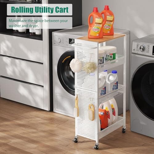 KITREPAION 4-Tier Slim Storage Cart with Wheels,Small Mobile Organizer Shelf with Wooden Top & Metal Handle for Kitchen, Laundry Room, Bathroom, Office (White, 9.1 inch) - Thumbnail 4