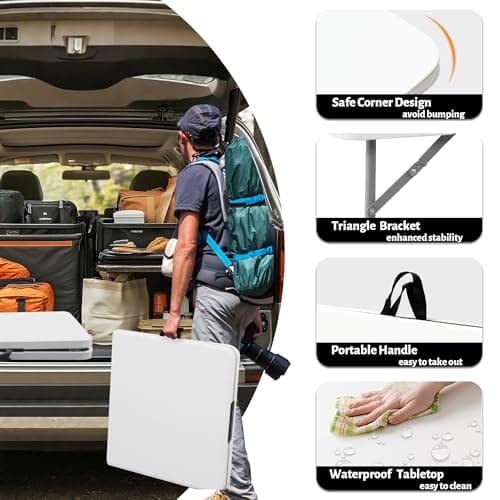 Outspurge 4ft Portable Folding Table, Indoor Outdoor Plastic Dining Table w/Handle, Fold-in-Half Utility Foldable Table for Camping, Picnic and Party, White - Thumbnail 4