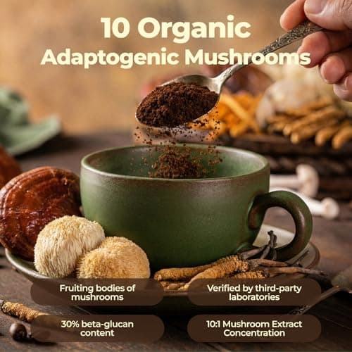 10 Kinds Mushroom Coffee with Probiotic(Lion's Mane, Cordyceps, Turkey Tail & Other), Ashwagandha Instant Coffee Mushroom Supplement for Better Energy, Gut Health 210g 7.41oz - Thumbnail 5