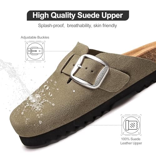 Brelzo Calvior Suede Clogs for Women Leather Mules Slip-on Sandals Men's Potato Shoes with Arch Support Army Green - Thumbnail 3