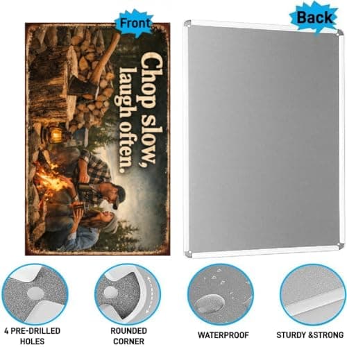 Chop Slow Laugh Often Vintage Tin Sign Rustic Outdoor Wall Decor Metal Plaque Camping Campfire Axe Wood Theme Cabin Garage Bar Farmhouse Humor Art 8x12 Inch Pre Drilled Holes - Thumbnail 6