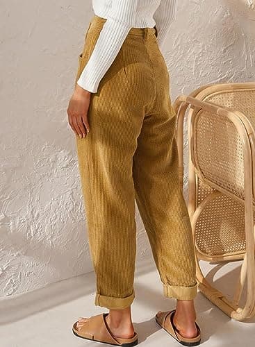 Womens Corduroy Pants Casual High Waisted Straight Leg Vintage Trousers for Women with Pockets (Khaki US 4) - Thumbnail 2