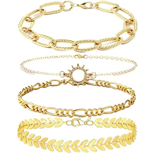 Bracelets Sets 14K Gold Plated Trendy Thin Dainty Stackable Cuban Link Paperclip Chain Leaf Sun Fashion Gifts Jewelry - Image 1