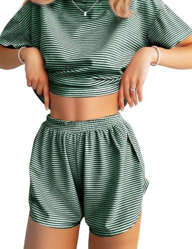 JUSTFASHIONNOW Womens Pajama Sets Shorts Striped Print Two Piece Lounge Sets Crew Neck Sleepwear Soft Pjs Split Shorts Set Summer Cute Pajama Sets for Women Green S - Image 1