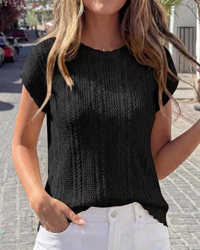KIRUNDO Sweater Vest Women Crochet Top Cap Short Sleeve Sweater 2026 Spring Summer Cable Knit Pullover Beach Vacation Outfits(Black, Small) - Thumbnail 2