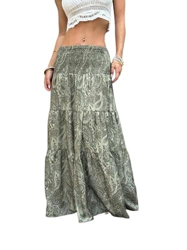 ZAFUL Women’s Summer Boho Maxi Skirts Bohemian Print Smocked High Wasited Flowy TieGreen Ruffle Long Beach Skirt Green L - Image 1
