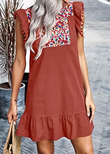 KIRUNDO Women's 2026 Summer Mini Dress Spring Casual V Neck Floral Embroidered Ruffle Sleeveless Shift Flowy Boho Dress (B-Brick Red, Small) - Thumbnail 3