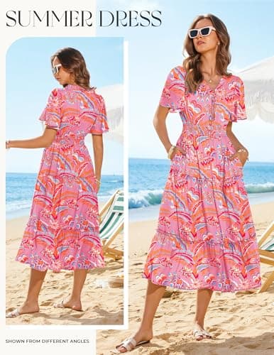 GRACE KARIN Womens Summer Floral Maxi Dresses 2026 Short Sleeve V Neck Dress Casual Flowy Beach Vacation Sundress with Pockets Pink Floral L - Thumbnail 2