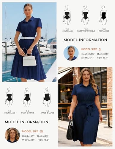 GRACE KARIN Women 2026 Summer Business Shirt Dress,Short Sleeve Collared Neck Button Midi Dresses,Pleated Casual Dresses Navy Blue L - Thumbnail 4