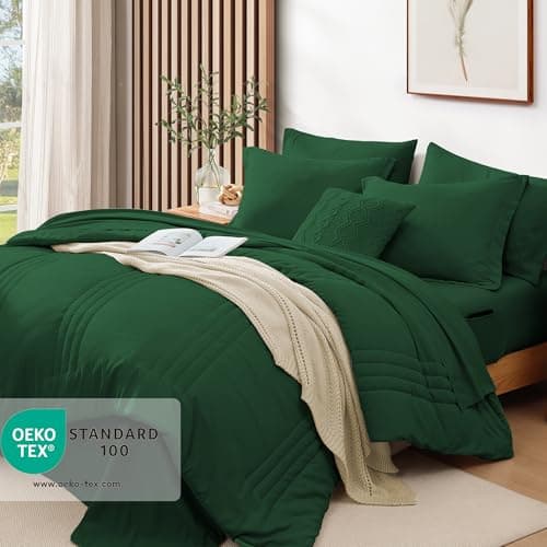 Monbix Full Comforter Set - 7 Pieces Emerald Green Bed in a Bag Full Size Bedding Sets with Comforters, All Seasons Comforter with Sheets, Pillowcases & Shams - Thumbnail 2