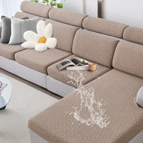 Genina Couch Cushion Covers Waterproof, Stretch Sectional Couch Covers, Sofa Cushion Cover Washable, Non Slip Magic, with Elastic Bottom and 2 Straps, Pet-Friendly (Large Single Seat Cover) - Image 1
