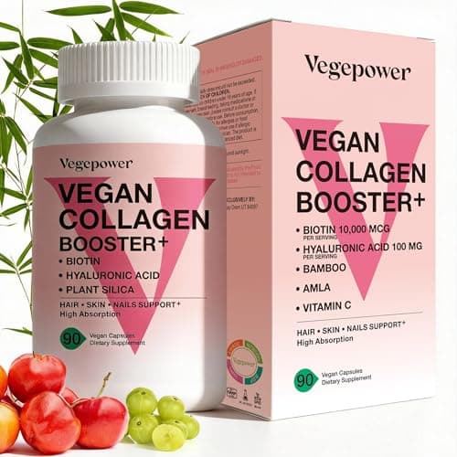 VEGEPOWER Vegan Collagen Booster with Biotin 10,000 mcg, Hyaluronic Acid, Bamboo Silica, Vitamin C & Zinc, Plant Based Hair Skin & Nails Support for Women & Men, 90 Vegan Capsules - Image 1