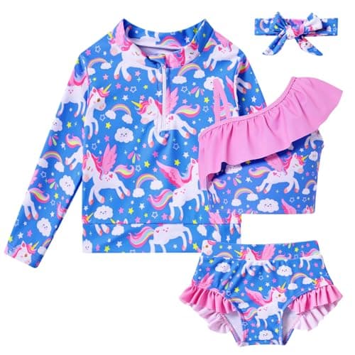 Funnycokid Toddler Girl Swimsuit 5T Size 6 Bathing Suit Unicorn Swim Set Long Sleeve Swimwear Ruffle Blue 5-6 Years 3 Piece - Image 1