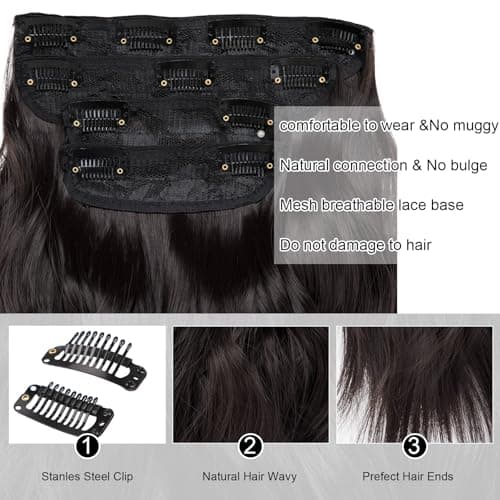 NEOWIG Dark Brown Clip in Hair Extensions 20 Inch Long Wavy Hair Extensions for Women Natural Synthetic Hairpieces 4 Pcs - Thumbnail 3
