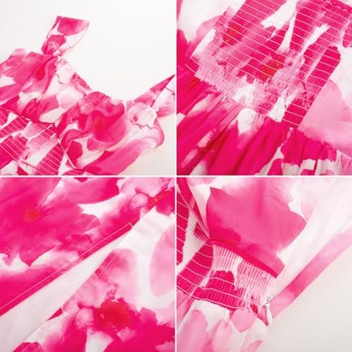 GRACE KARIN Summer Floral Dress for Women 2026,Off the Shoulder Smocked Bridesmaid Dresses,Formal Baby Shower Maxi Dresses Pink Watercolour XXL - Thumbnail 4