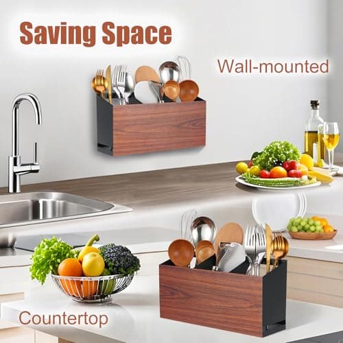 UPODA Utensil Holder Large Iron Flatware Container with 3 Compartments Countertop Wall-mounted Kitchen Utensil Storage (Black) - Thumbnail 5