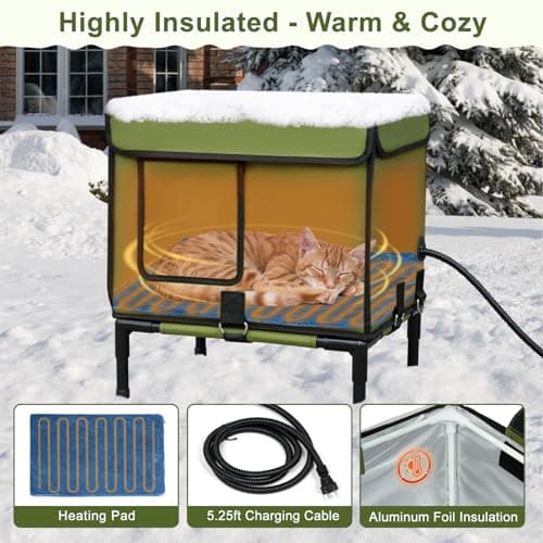 Palopalo Dewproof Heated Cat House for Outdoor Winter, Insulated Discreet Pet Shelter with Waterproof Heating Pad & Escape Door for Feral, Stray, Barn Kitty Cats (Army Green, 16.5"x12.5"x17.7") - Thumbnail 6