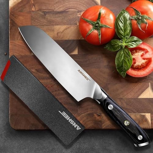 ANSHEE 7 Inch Japanese Santoku Knife-Full Tang High Carbon Stainless Steel Professional Chef Knife, Multipurpose Kitchen Blade with Wood Handle&Sheath/Gift Box for Meat, Veggies,Fruits Home&Restaurant - Thumbnail 2