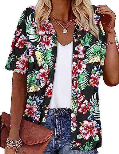 LILYCHIC Women's Floral Button Down Hawaiian Shirts Tropical Tops Summer Hawaii Beach Short Sleeve Blouses Black 3XL - Image 1