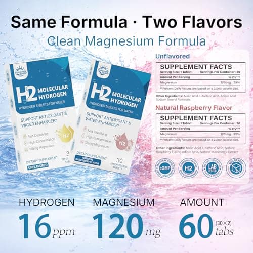 Molecular Hydrogen (H2) Tablets with 120mg Magnesium – 16 PPM Hydrogen Water Tablets Drinking for Water, Advanced Hydrogen Technology, Antioxidant Support, Natural Raspberry & Unflavored, 60 Tablets - Thumbnail 2
