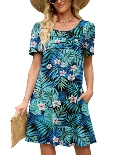 Heymoments Women's Short Sleeve Dress Floral Print Small Round Neck Casual Flowy Midi Sundress Comfy Tshirt Ladies Teachers Summer Beach Swing 2026 Novelty Dresses with Pockets - Image 1