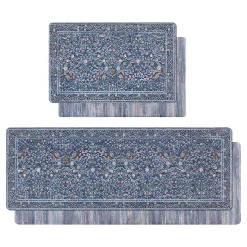 U'Artlines Double-Sided Kitchen Rugs Set of 2,Kitchen Anti Fatigue Mats Non Slip Padded Floor Standing Desk Mat,PVC Waterproof & Stain Resistant Carpet Blue Floral Rugs for Laundry Room Office Sink - Image 1