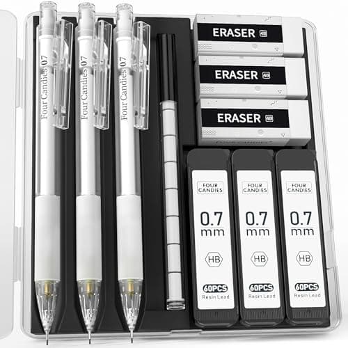 Four Candies Cute Mechanical Pencil Set with Case - 3PCS Pencils 0.7mm with 180PCS HB Lead Refills, 3PCS Erasers, 9PCS Eraser Refills, White Clear Mechanical Pencil for Students Drawing, Writing - Image 1
