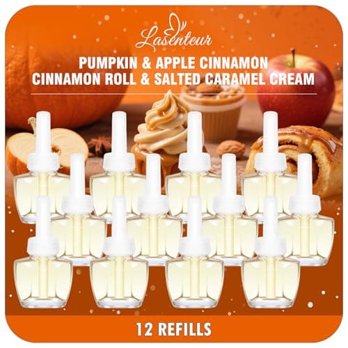 Plug-In Air Freshener Refills 12 Pack – Pumpkin, Apple Cinnamon, Cinnamon Roll & Salted Caramel Cream Scents – Adjustable Home & Bathroom – Compatible with Air Wick & Glade, Not Include Glade Plus - Image 1