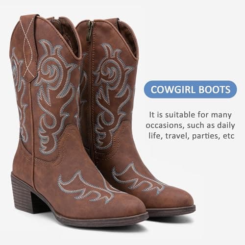 Vepose Women’s Brown Cowboy Mid Calf Boots, Cowgirl Western Embroidered Chunky Low Heel 9800 Boots with Zipper, Size 8M US, (CJY9800 Brown 08) - Thumbnail 6