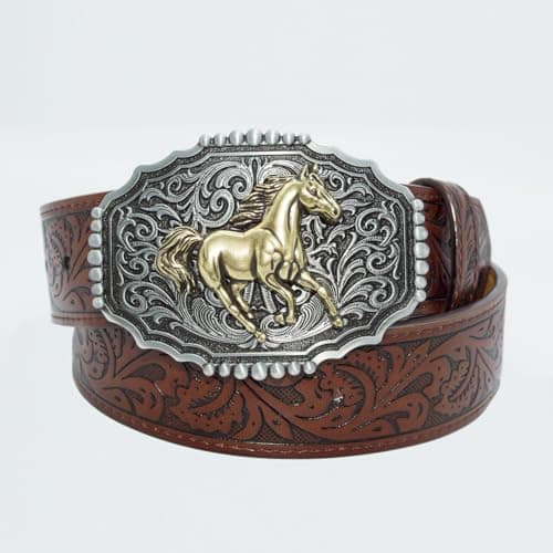 EONTISO Western Belt for Women Cowgirl Cowboy PU Leather Belts for Jeans, Floral Embossed Vintage Buckle, HorseBrown S - Thumbnail 3
