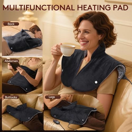 Far Infrared Heating Pad for Neck and Shoulders and Back - 6X Deeper Pain Relief, Graphene 30s Fast Heat, 8 Heat Setting, 16 Timer, Automatic Memory, Weighted Heating Pads Gift for Women&Men (Black) - Thumbnail 6