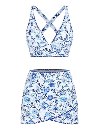 ZAFUL Women's High Waisted Bikini with Skirt Whip Stitch 2 Piece Swimsuits Tummy Control Bathing Suit 0-Blue Floral M - Thumbnail 3