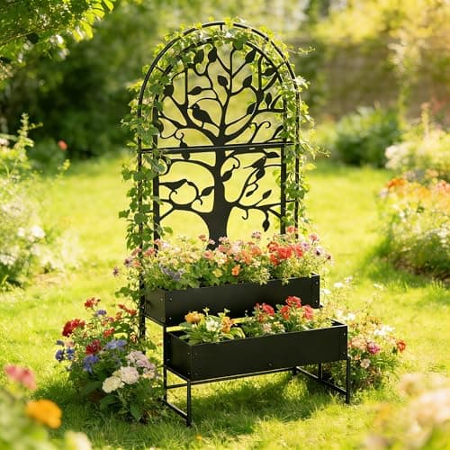 Arched Outdoor Planter Box with Trellis for Climbing Plants, 2 Tiers Metal Privacy Planters for Patio, Tall Raised Garden Bed with Legs, for Vegetables, Fruits, Balcony, 75.2 x 22 x 34.6 Inch, Black - Thumbnail 2