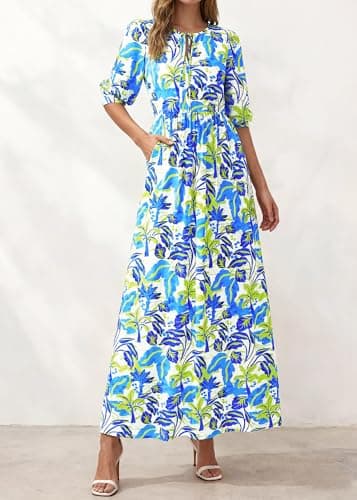 KIRUNDO Women Summer Beach Vacation Wedding Guest Dresses 2026 Spring Boho Floral 3/4 Sleeve Loose Cruise Flowy Maxi Dress(Blue Green, Large) - Thumbnail 3